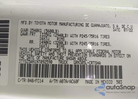 2022 Toyota Tacoma Sr5 V6 из США, поврежденный, VIN 3TYSZ5AN1NT092590